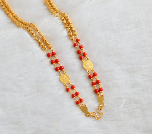 Gold tone 24 inches coral beaded lakshmi coin double layer chain dj-49370