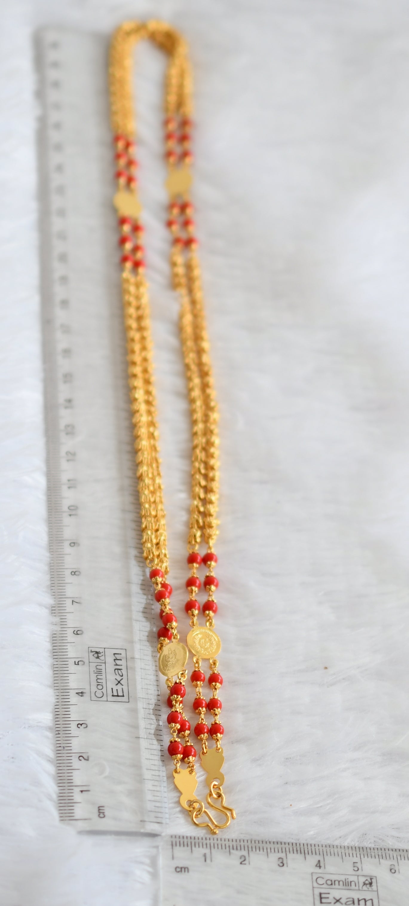 Gold tone 24 inches coral beaded lakshmi coin double layer chain dj-49370