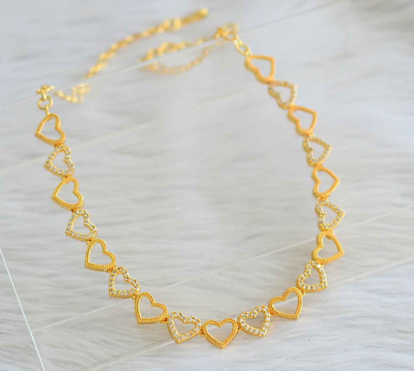 Gold tone cz white stone heart necklace dj-44146