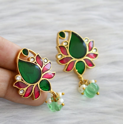 Gold tone pink-green-white kundan jadau mango lotus earrings dj-45895