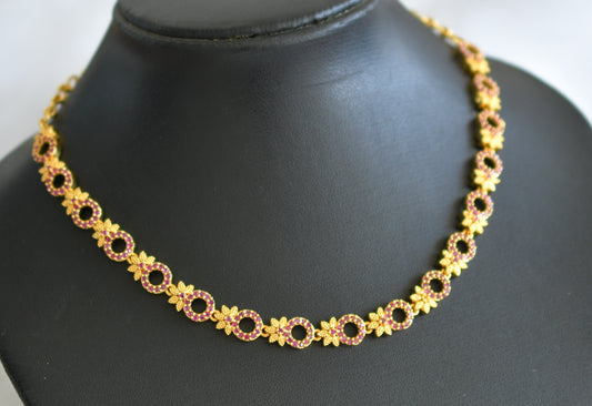 Gold tone ruby stone round flower necklace dj-44150