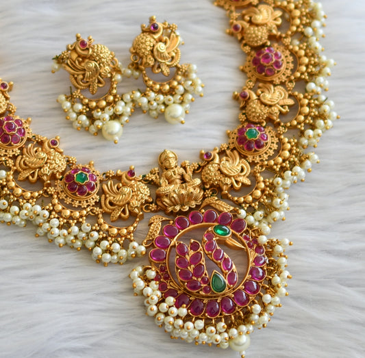Matte finish real kemp-green pearl gutta pusalu peacock necklace set dj-45905