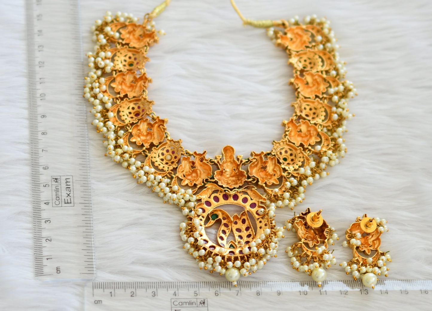 Matte finish real kemp-green pearl gutta pusalu peacock necklace set dj-45905