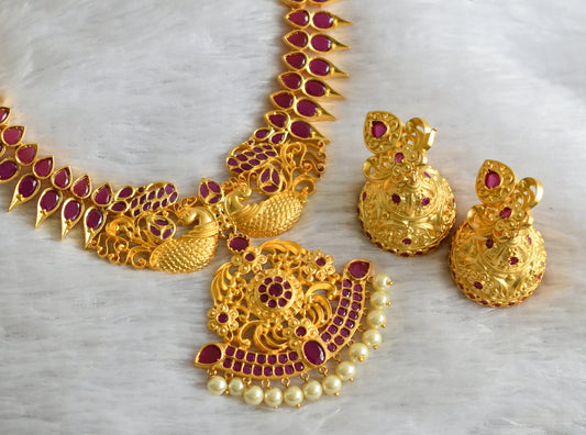 Gold tone ruby stone pearl peacock necklace set dj-47543