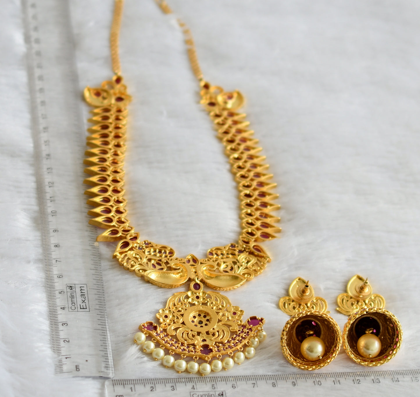 Gold tone ruby stone pearl peacock necklace set dj-47543