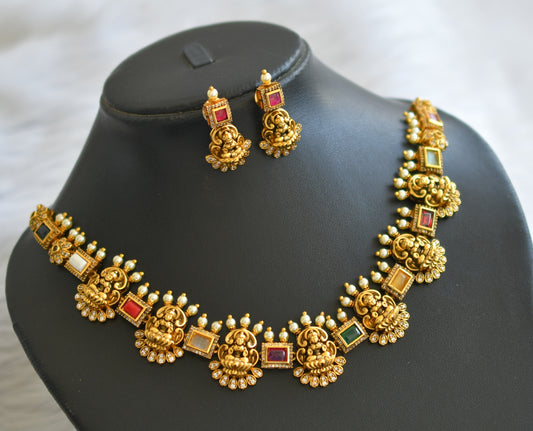 Antique gold tone navarathna block stone lakshmi necklace set dj-45907