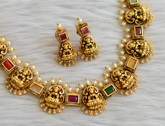 Antique gold tone navarathna block stone lakshmi necklace set dj-45907