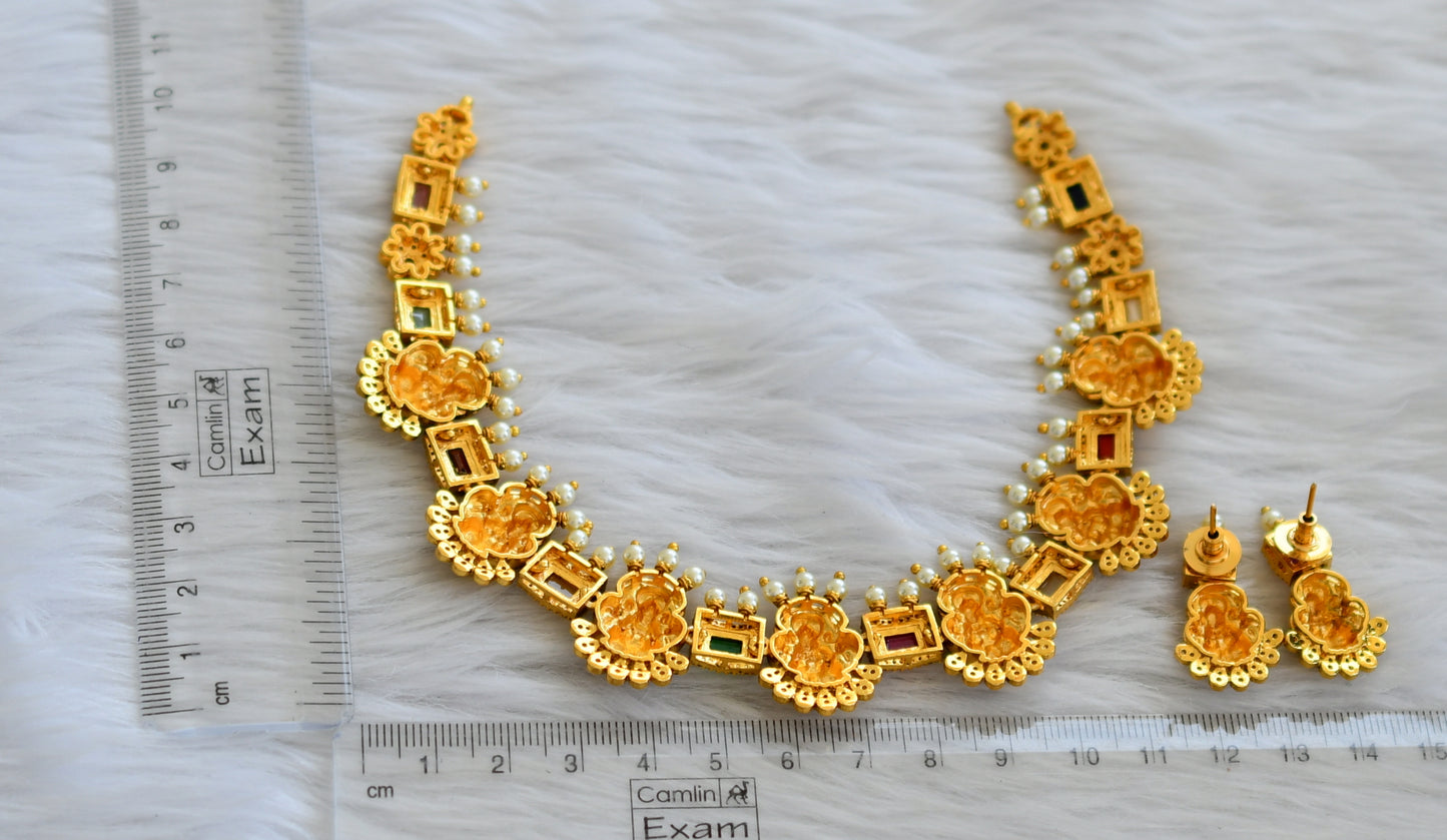 Antique gold tone navarathna block stone lakshmi necklace set dj-45907