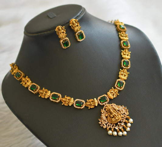 Antique gold tone cz green-white block stone lakshmi necklace set dj-45908