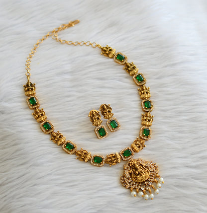 Antique gold tone cz green-white block stone lakshmi necklace set dj-45908