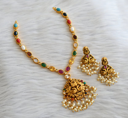Antique gold tone navarathna oval stone lakshmi peacock necklace set dj-45906