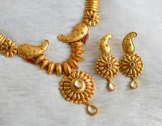Matte gold tone kemp-white kundan mango necklace set dj-47547
