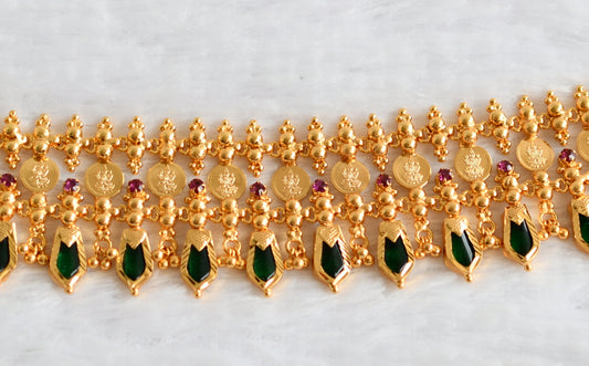 Gold tone kerala style pink-green nagapadam lakshmi coin choker necklace dj-46668