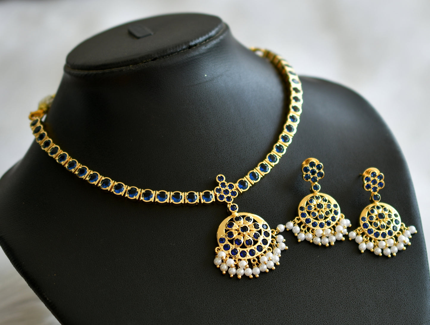 Gold tone ad Royal blue south indian style attigai/necklace set dj-45883