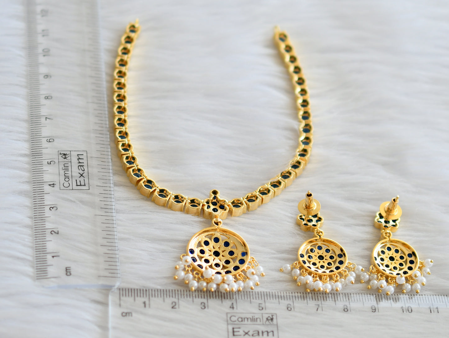 Gold tone ad Royal blue south indian style attigai/necklace set dj-45883