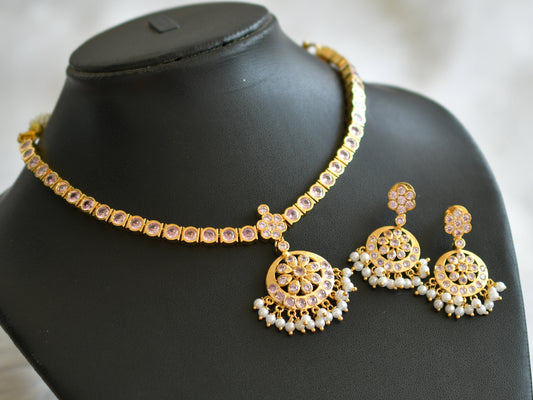 Gold tone ad baby pink south indian style attigai/necklace set dj-45884