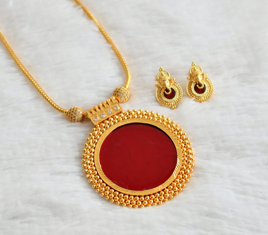 Gold tone kerala style white stone ball red round kodi necklace set dj-47836