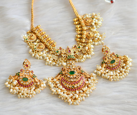 Matte finish cz Ruby-green Thirumal Nama peacock Gutta pusalu necklace set dj-42770