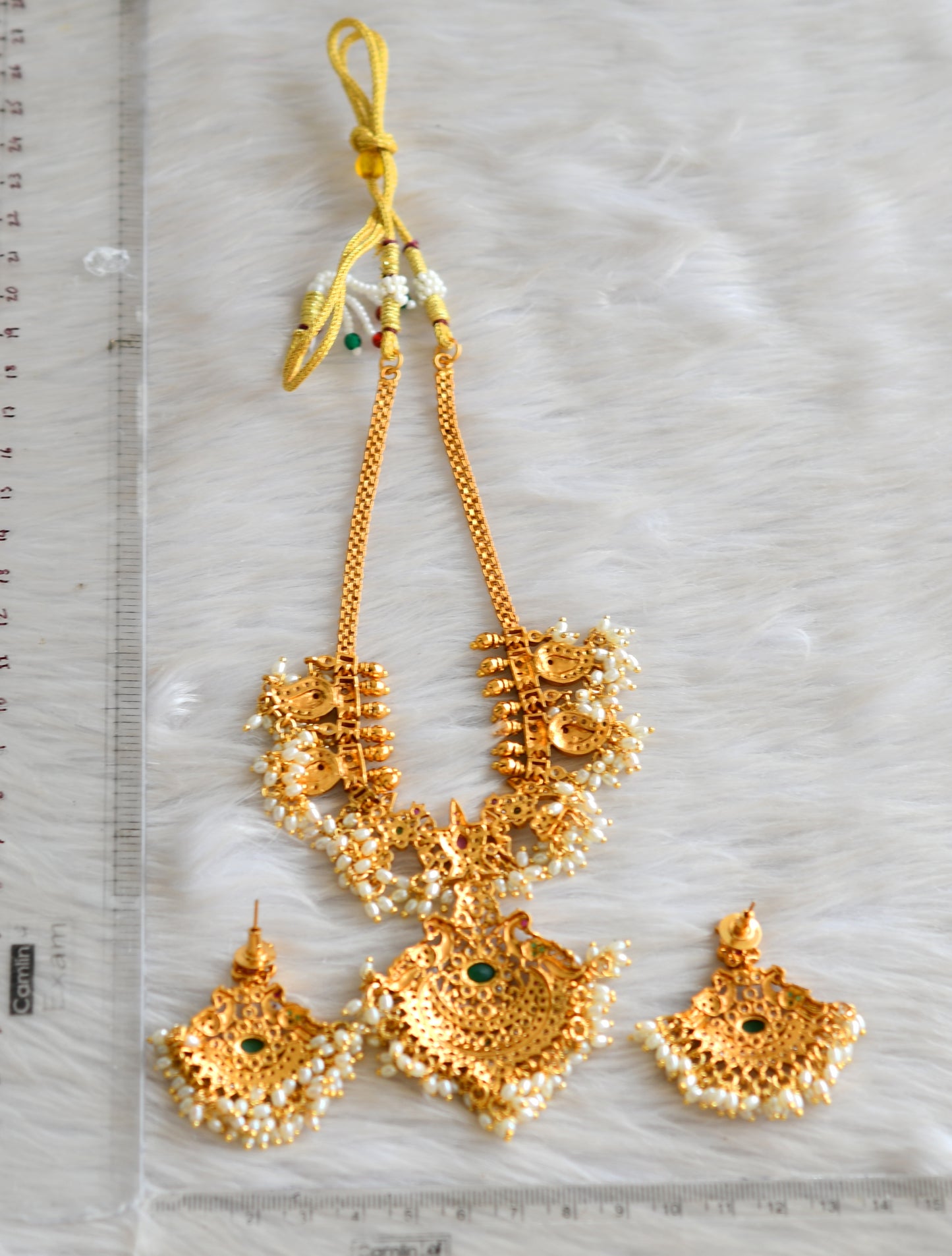 Matte finish cz Ruby-green Thirumal Nama peacock Gutta pusalu necklace set dj-42770