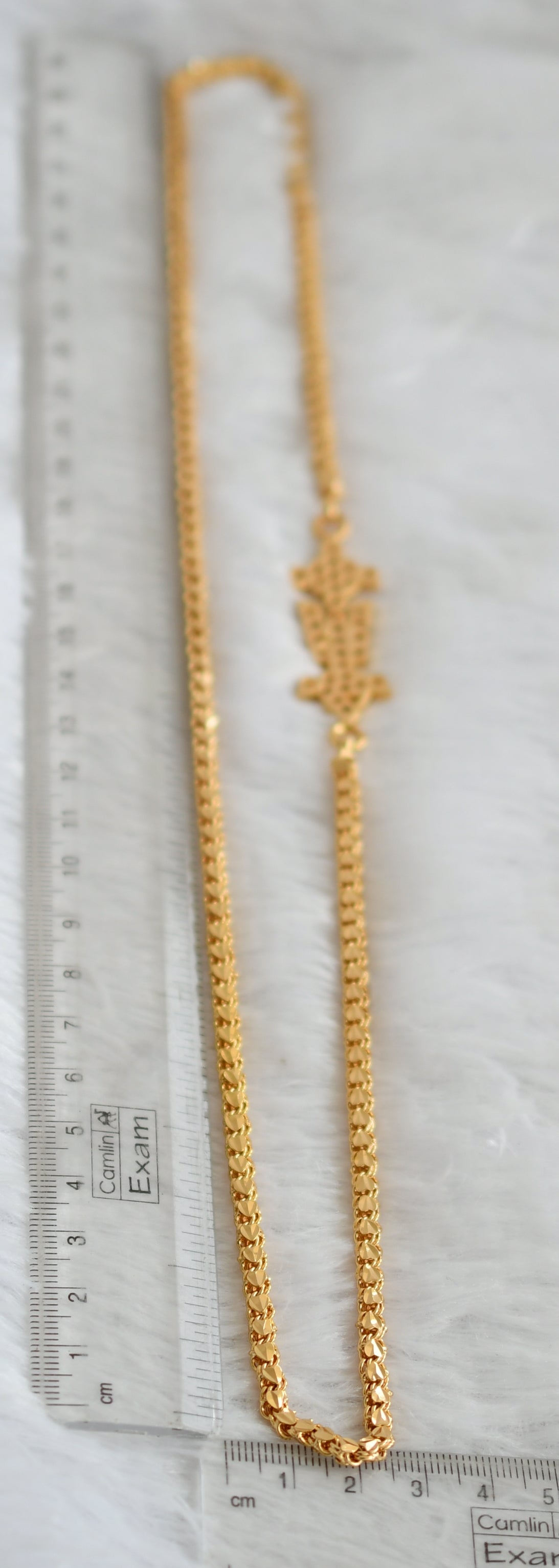 Gold tone AD white Thirumal Nama-shanku-chakra 24 inches mugappu chain dj-49380