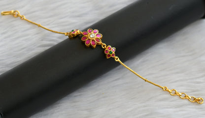 Gold tone pink-green-white kundan flower bracelet dj-45921
