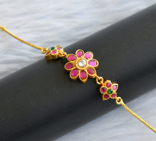 Gold tone pink-green-white kundan flower bracelet dj-45921