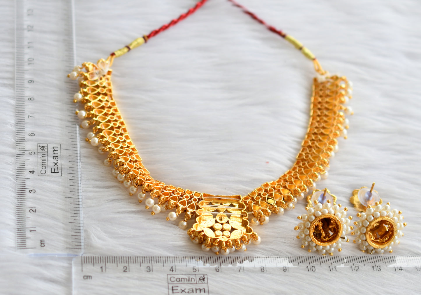 Gold tone kemp-green-white pearl necklace set dj-44182