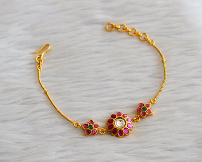 Gold tone pink-green-white kundan jadau flower bracelet dj-45922