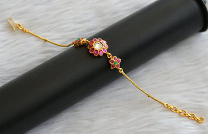 Gold tone pink-green-white kundan jadau flower bracelet dj-45922