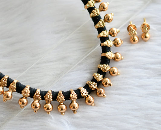 Antique gold tone black silk thread necklace set dj-07028