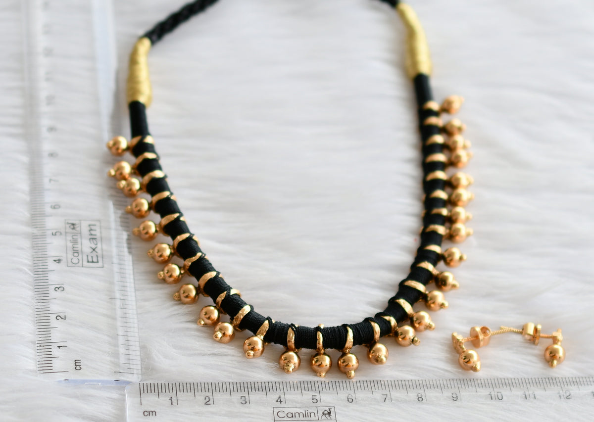 Antique gold tone black silk thread necklace set dj-07028