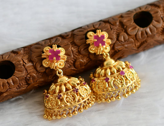 gold tone ruby block stone jhumkka dj-49415
