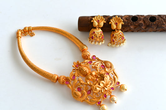 Matte Finish Ruby-Pearl Lakshmi Kante Necklace Set-dj10960