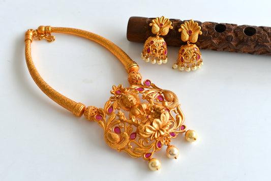 Matte Finish Ruby-Pearl Lakshmi Kante Necklace Set-dj10960