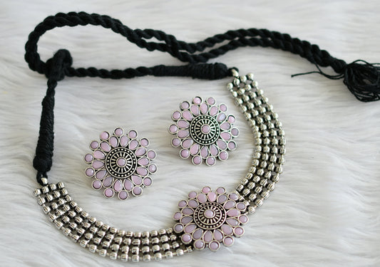 Silver tone baby pink flower choker necklace set dj-44209