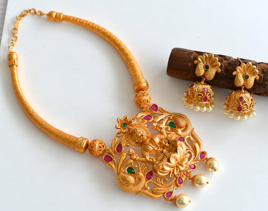 Matte Finish Ruby-emerald Lakshmi Kante Necklace Set-dj10961