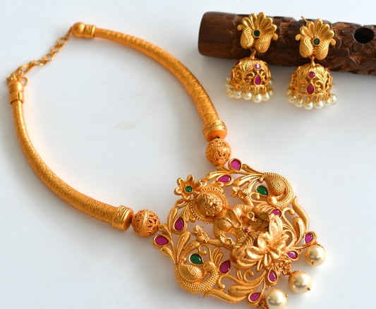 Matte Finish Ruby-emerald Lakshmi Kante Necklace Set-dj10961