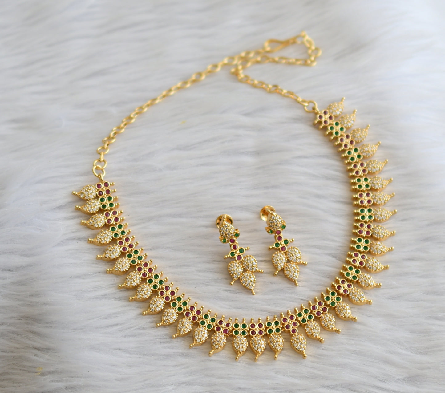 Gold tone ruby-green-white mango necklace set dj-45963