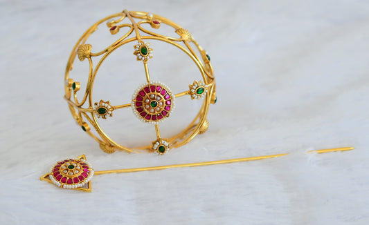 Matte finish pink-green-pearl kundan jadau bun cage-hair accessory with stick dj-49416