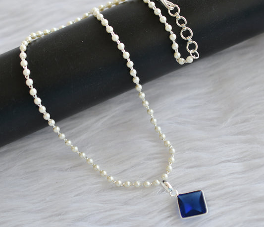 Silver tone 18 inches pearl chain with blue small pendant dj-44188