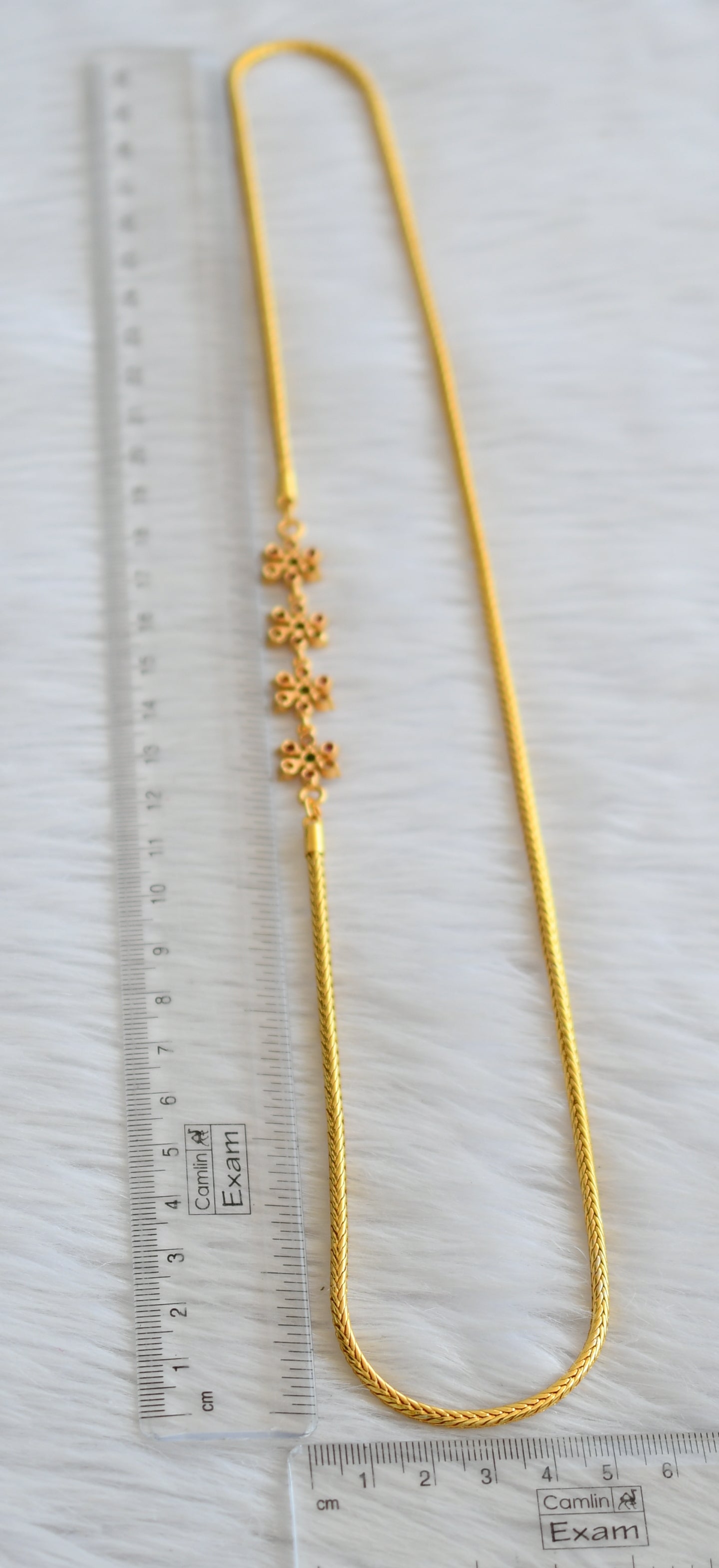 Gold tone ad pink-green-white stone flower mugappu chain dj-45989