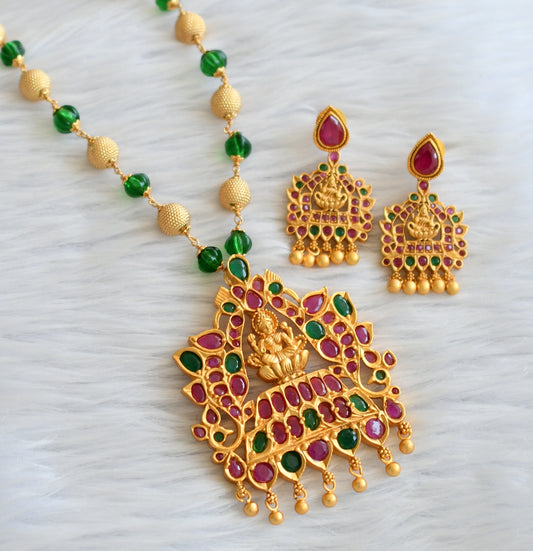 Matte finish green pumpkin bead ball chain with ruby-green- lakshmi pendant set dj-45982