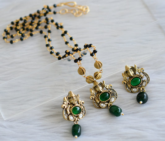 Antique black karimani chain with cz white-green ganesha victorian pendant set dj-44213