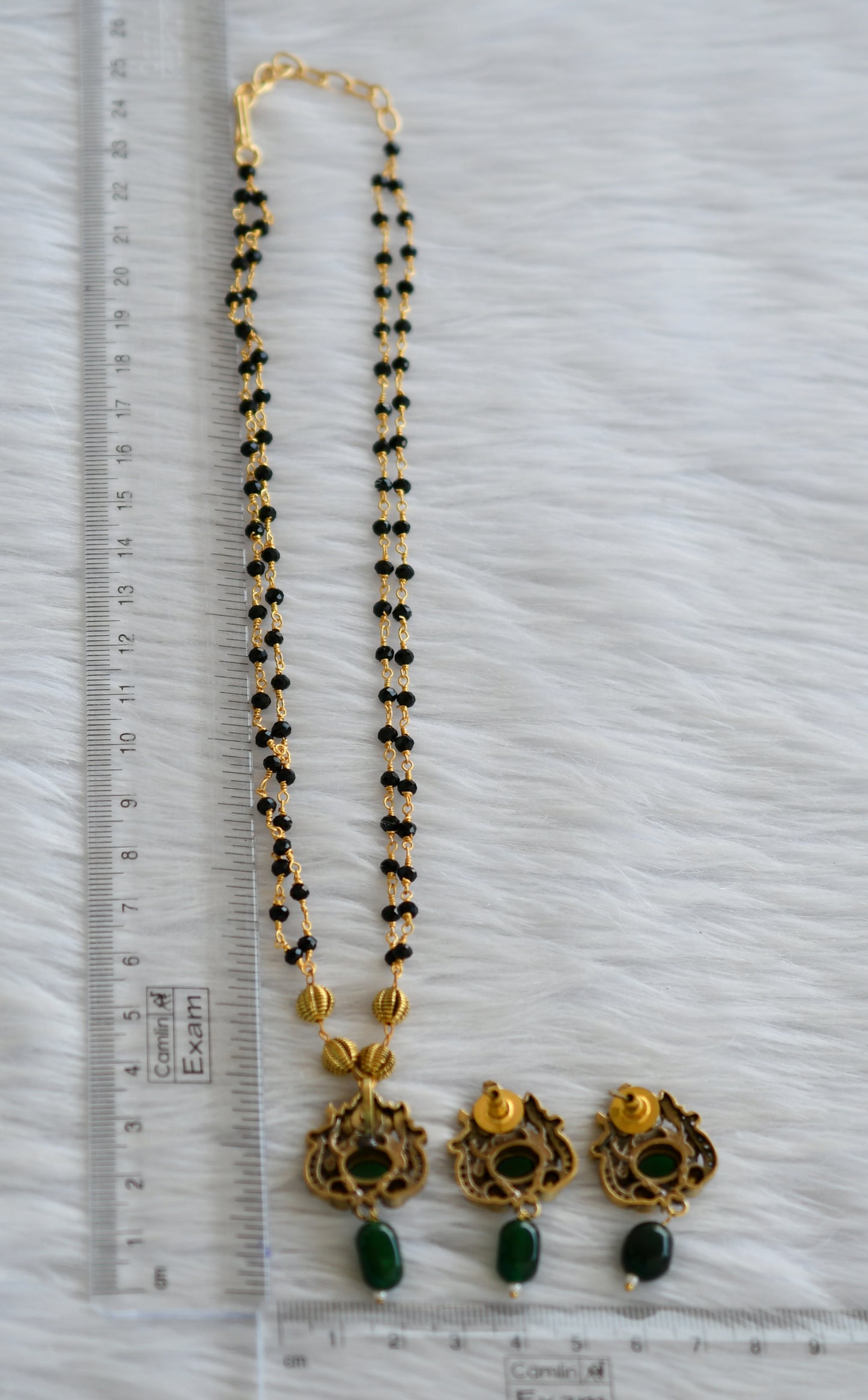 Antique black karimani chain with cz white-green ganesha victorian pendant set dj-44213