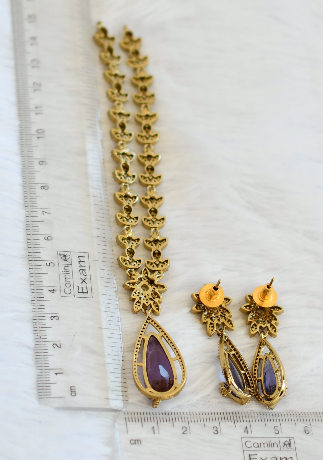 Antique cz-purple thilak stone leaf necklace set dj-49428