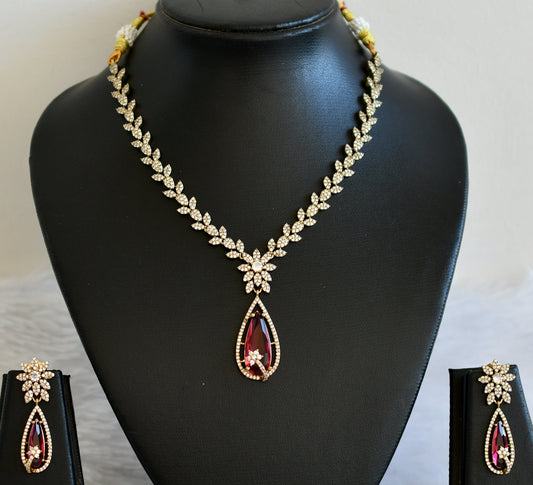 Antique cz-magenta pink thilak stone leaf necklace set dj-49425
