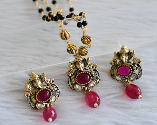 Antique black karimani chain with cz white-kemp ganesha victorian pendant set dj-44212