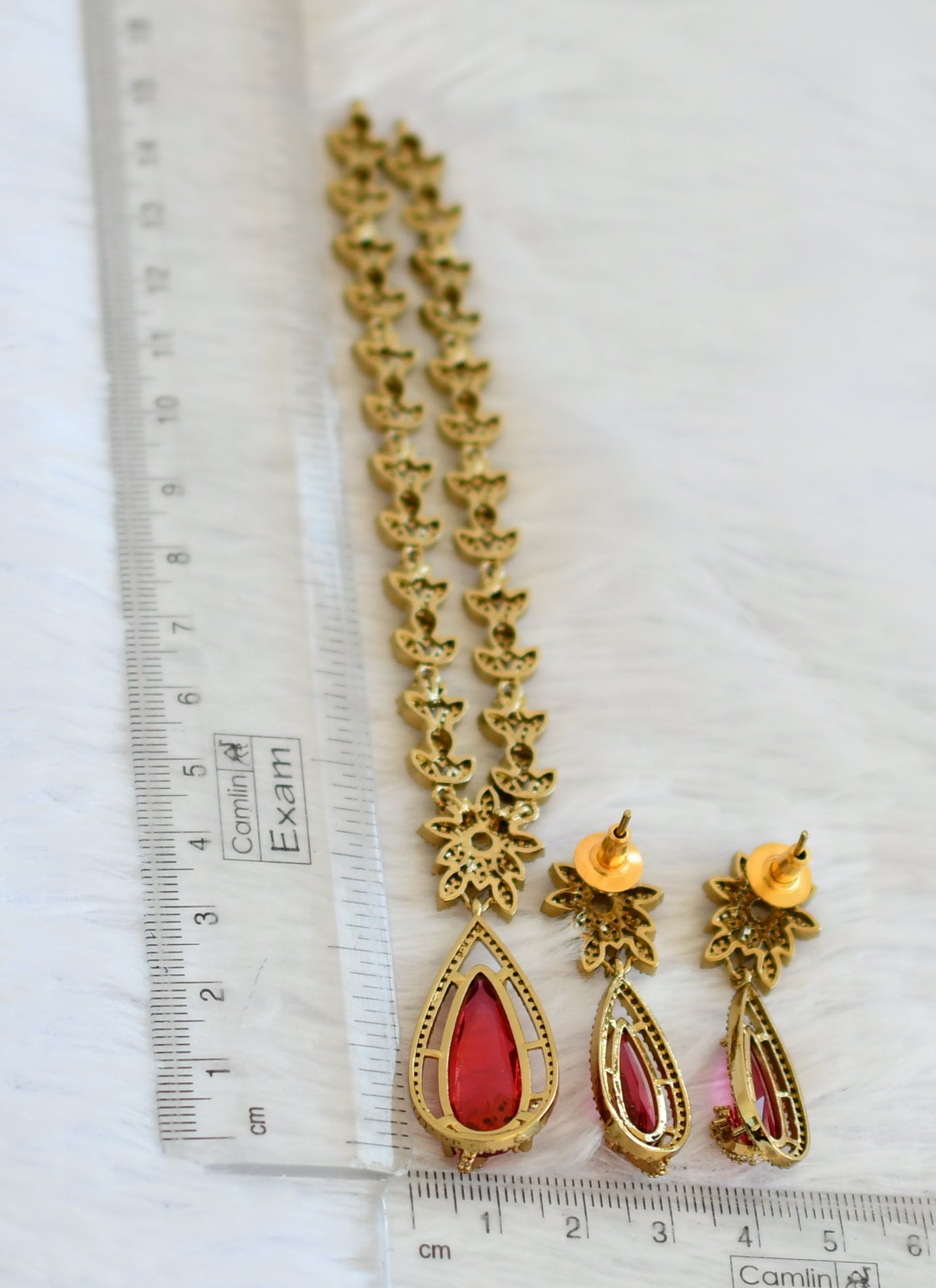 Antique cz-magenta pink thilak stone leaf necklace set dj-49425
