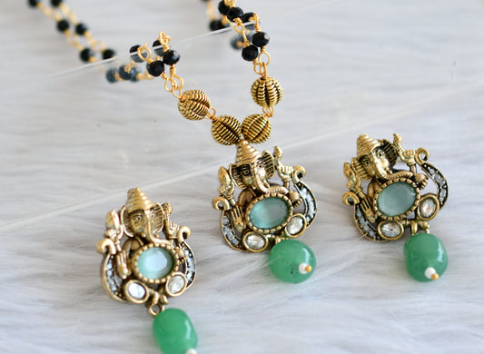 Antique black karimani chain with cz white-sea green ganesha victorian pendant set dj-44214