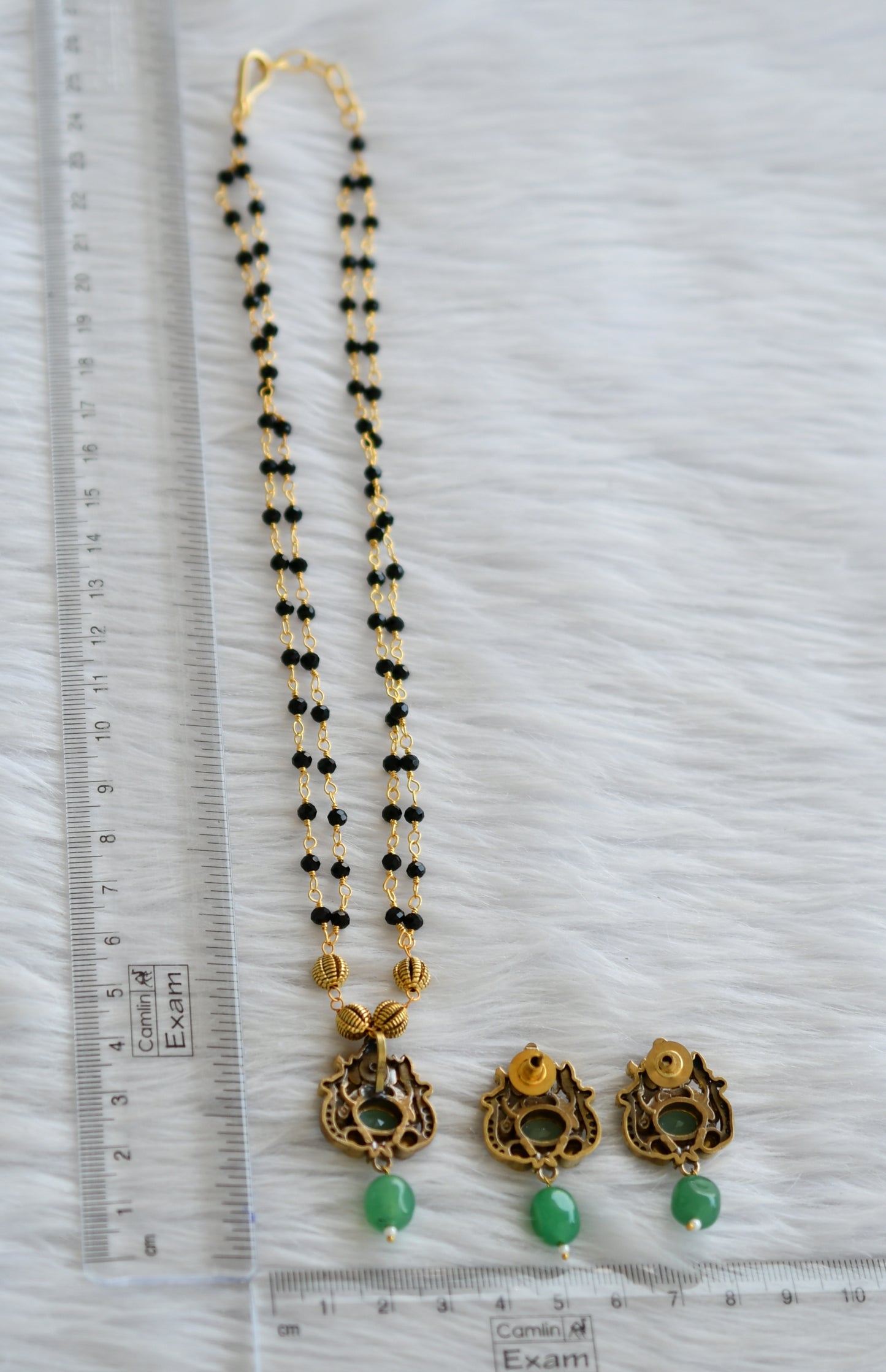 Antique black karimani chain with cz white-sea green ganesha victorian pendant set dj-44214